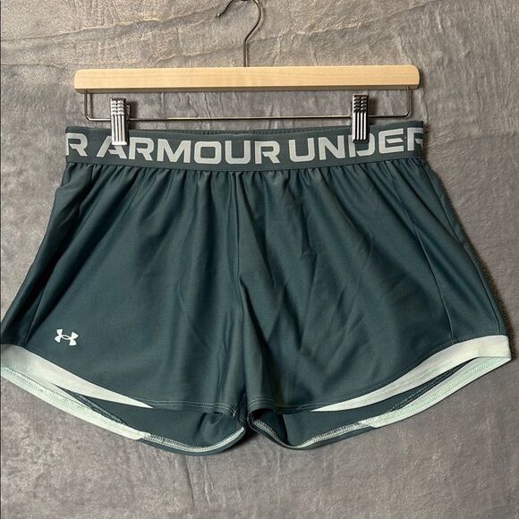 Under Armour Green Blue Running Shorts Elastic Logo Waist Size Medium - Picture 1 of 6